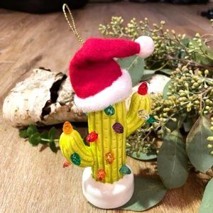 Ceramic Christmas Cactus Lighted Ornament Timer Battery & Santa Hat * NEW * NWT